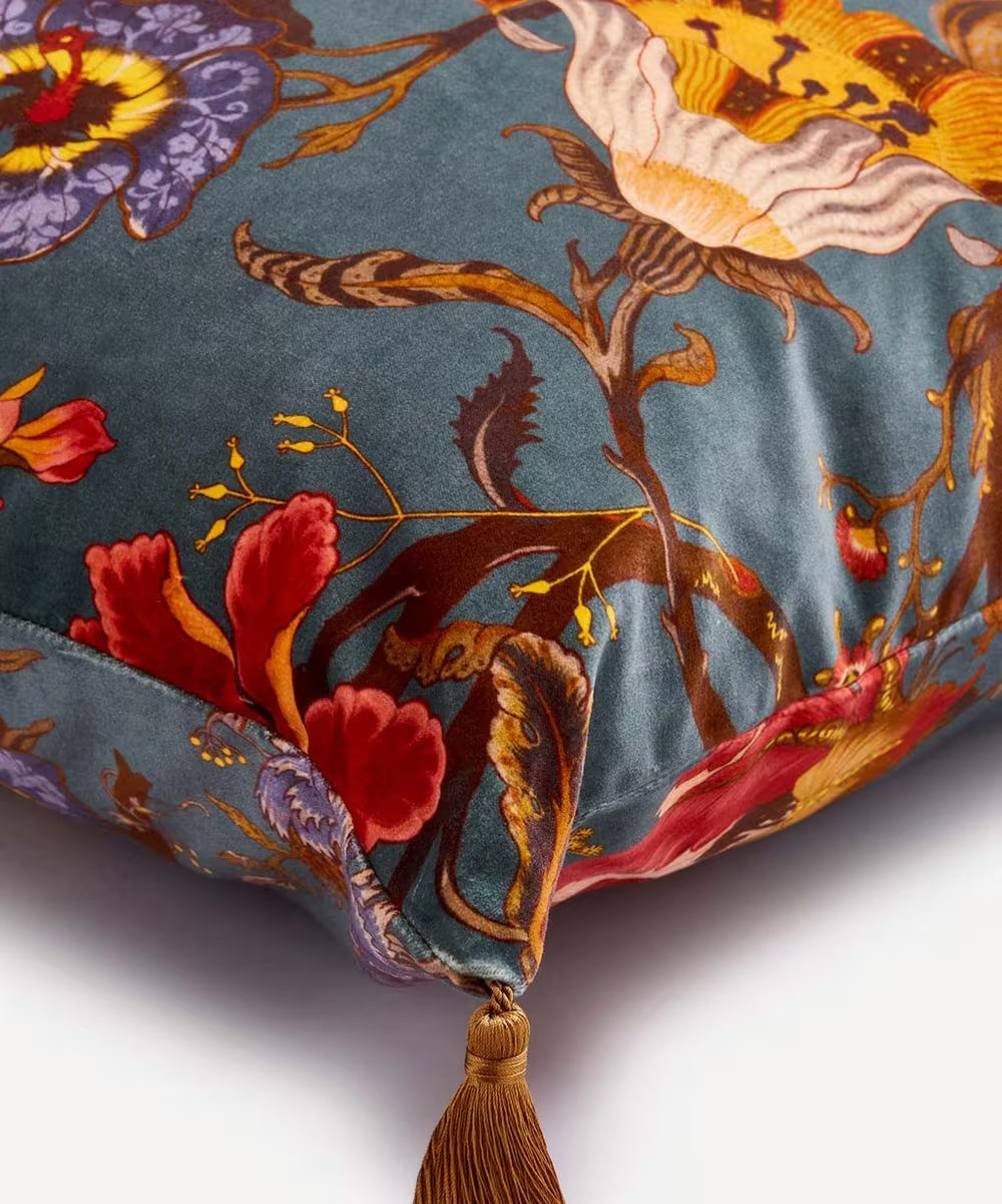 Artemis Large Tassel Velvet Cushion in Petrol