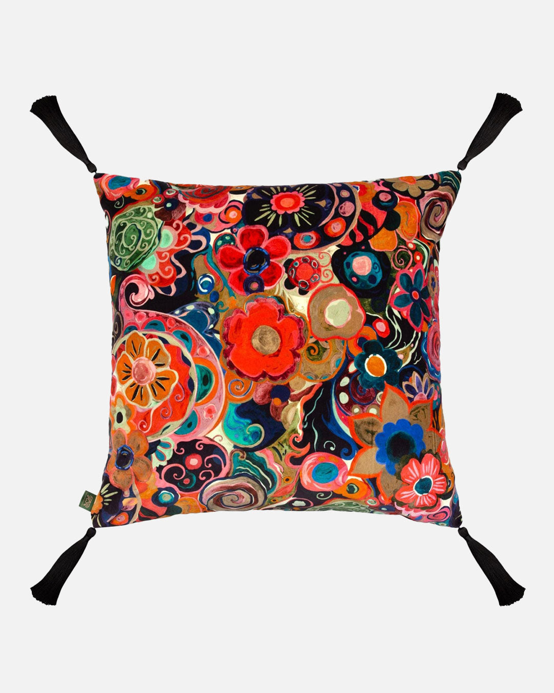 Nanjizal Large Tassel Velvet Cushion in Liquorice