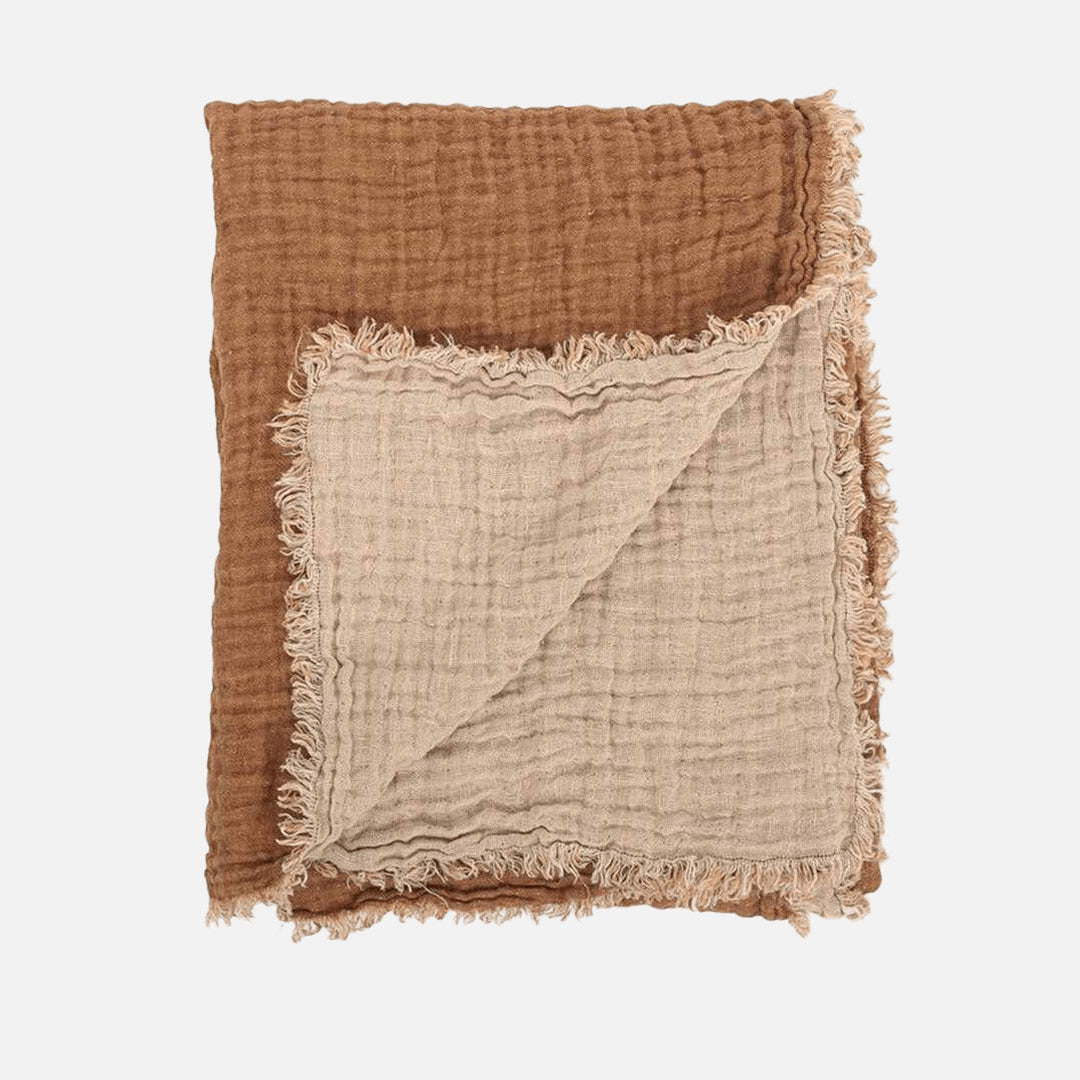 Washed Waffled Linen Blanket in Leather Color