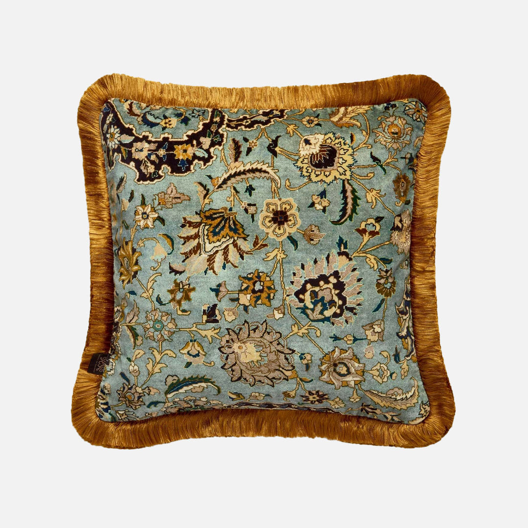 Zanjan Medium Fringed Velvet Cushion in Sapphire
