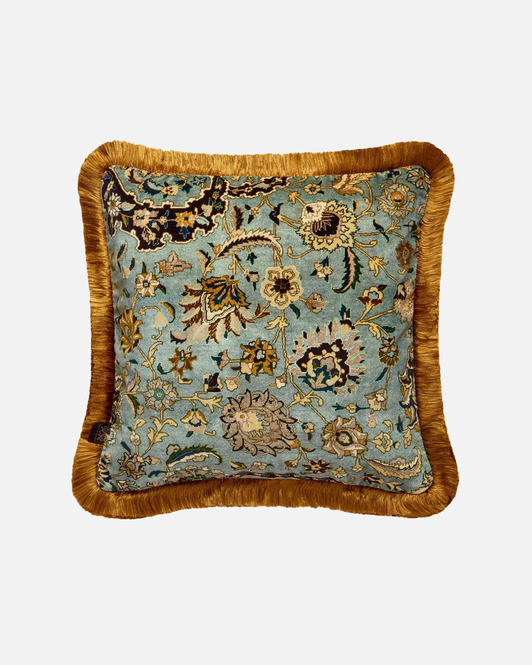 Zanjan Medium Fringed Velvet Cushion in Sapphire