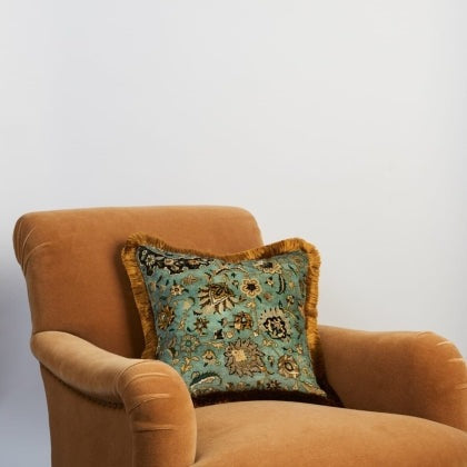 Zanjan Medium Fringed Velvet Cushion in Sapphire