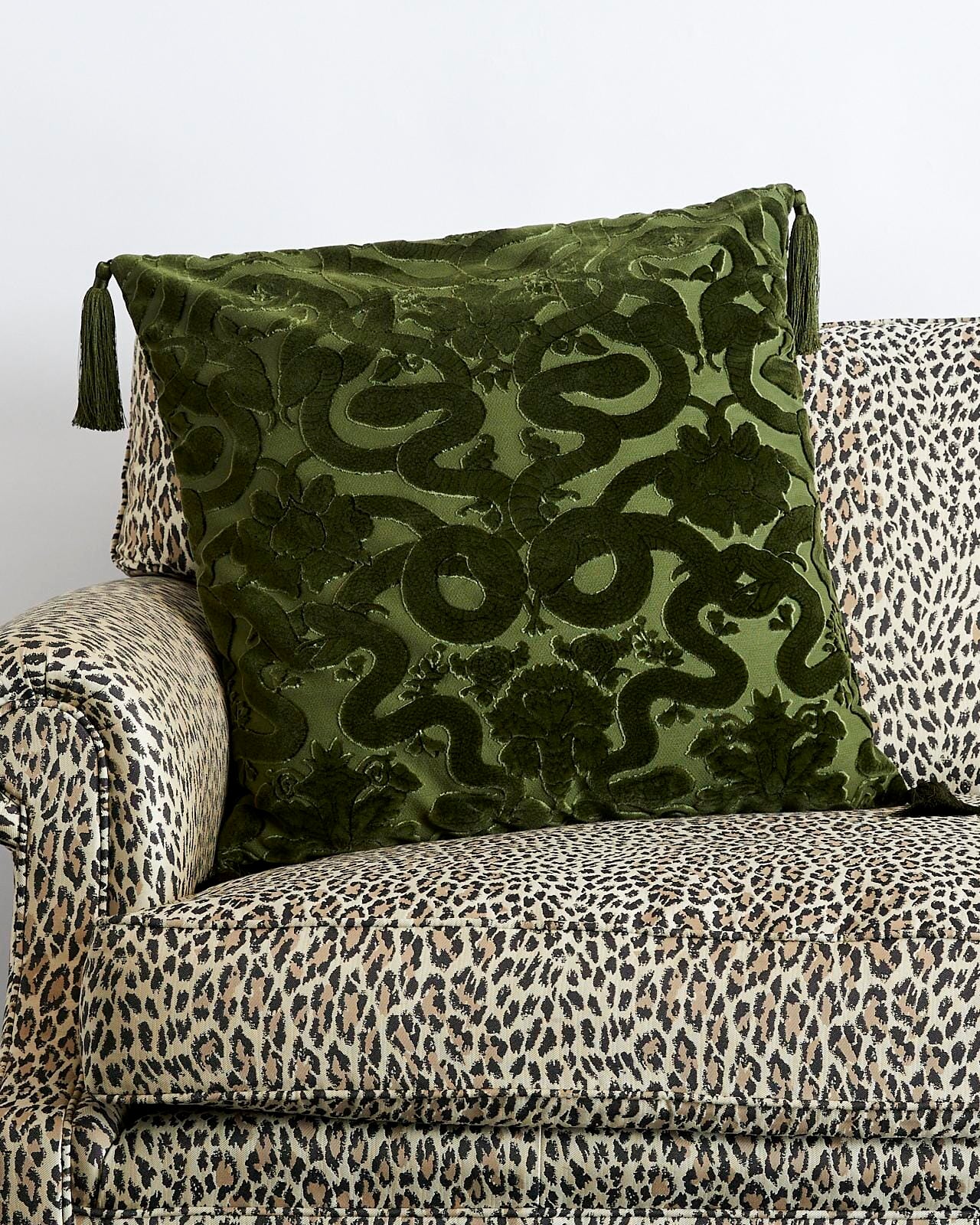 Anaconda Large Tassel Cut-Velvet Cushion - Olive Green