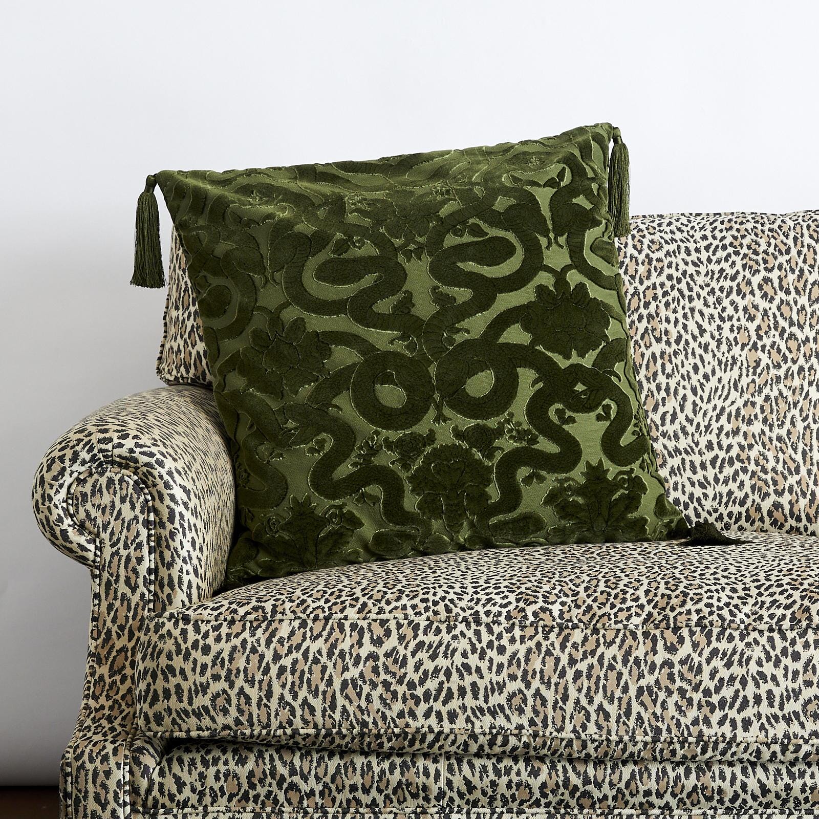 Anaconda Large Tassel Cut-Velvet Cushion - Olive Green