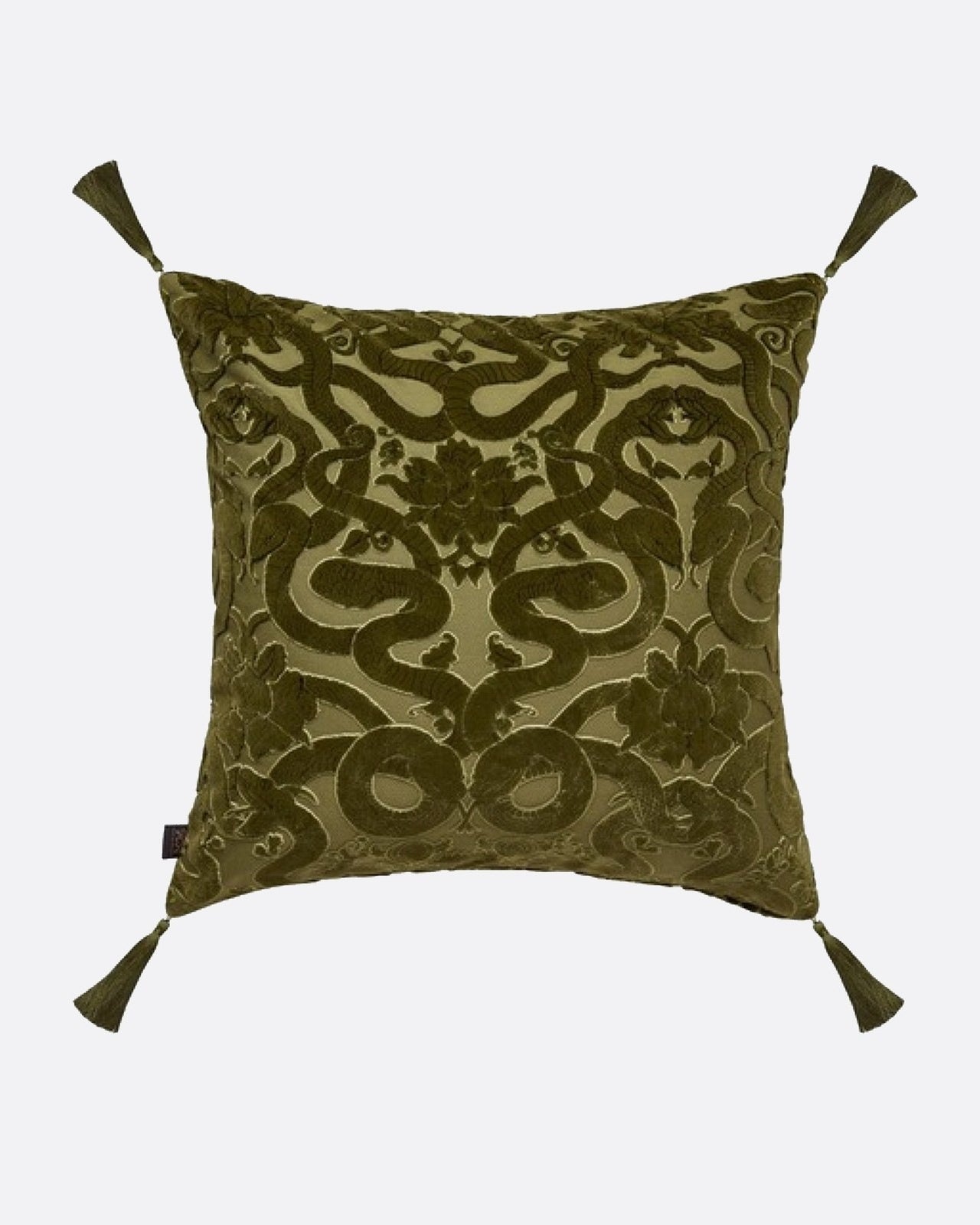 Anaconda Large Tassel Cut-Velvet Cushion - Olive Green