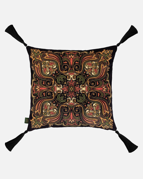 Labyrinth Medium Velvet Tassel Cushion in Noir