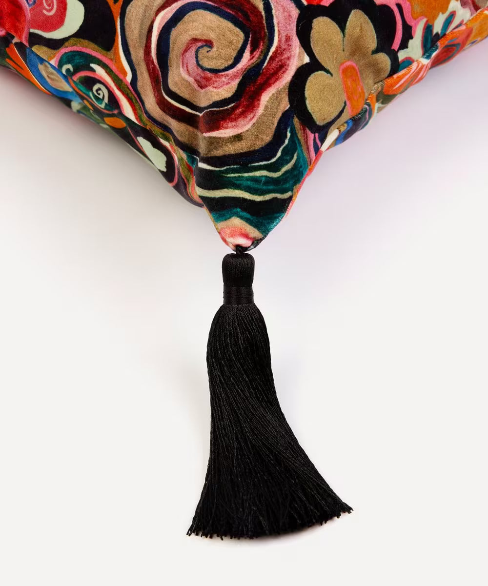 Nanjizal Large Tassel Velvet Cushion in Liquorice