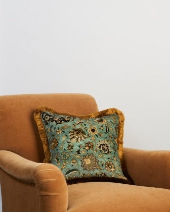 Zanjan Medium Fringed Velvet Cushion in Sapphire