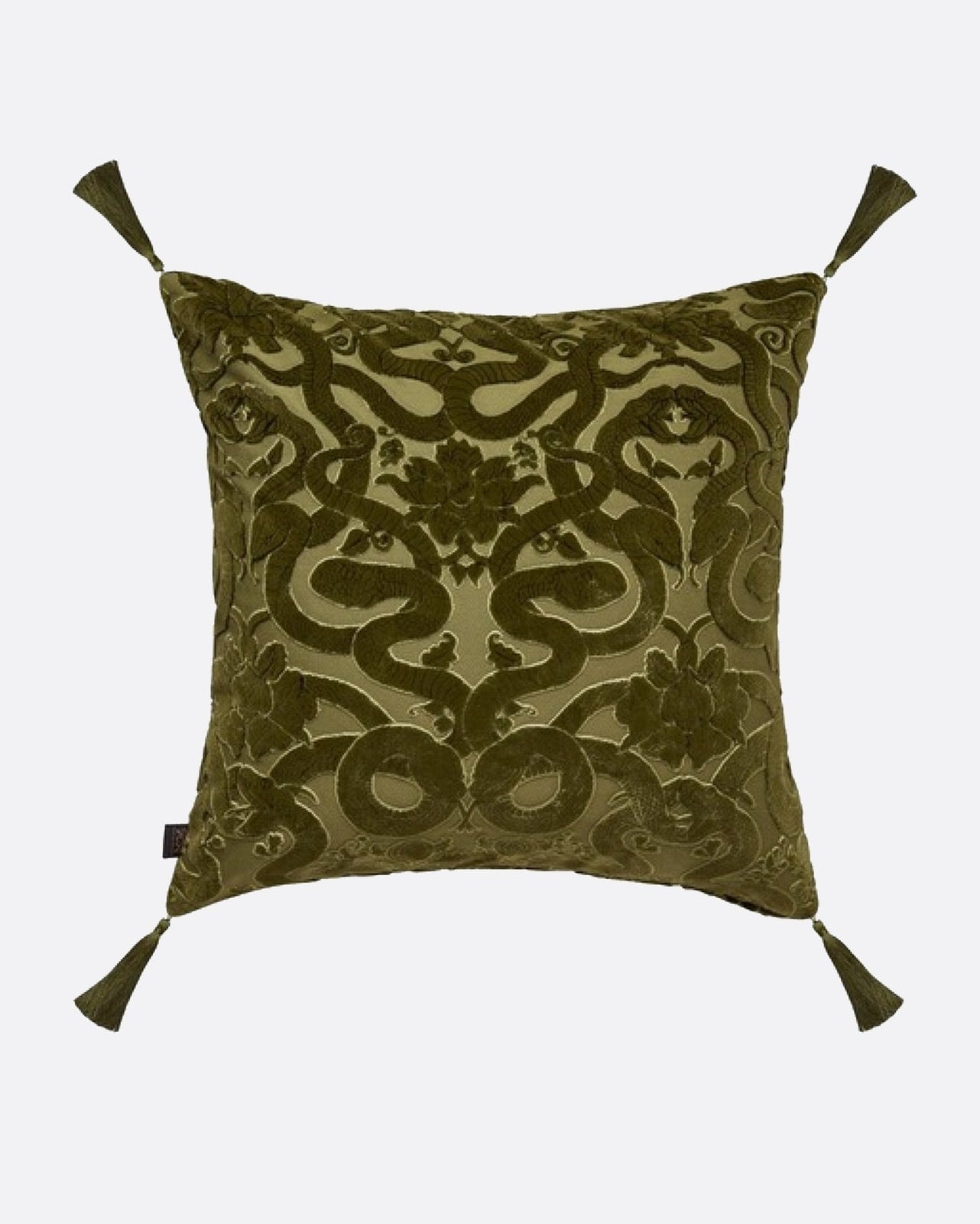 Anaconda Large Tassel Cut-Velvet Cushion - Olive Green