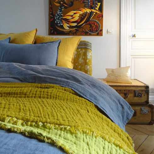 Washed Waffled Linen Blanket in Curry